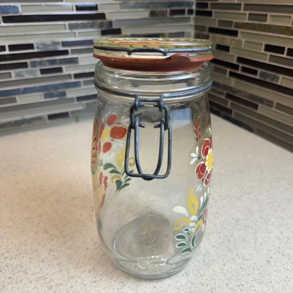 Vintage 1982 Luppino Hand Painted Floral Glass Canister 1.5L Wire Bale Jar